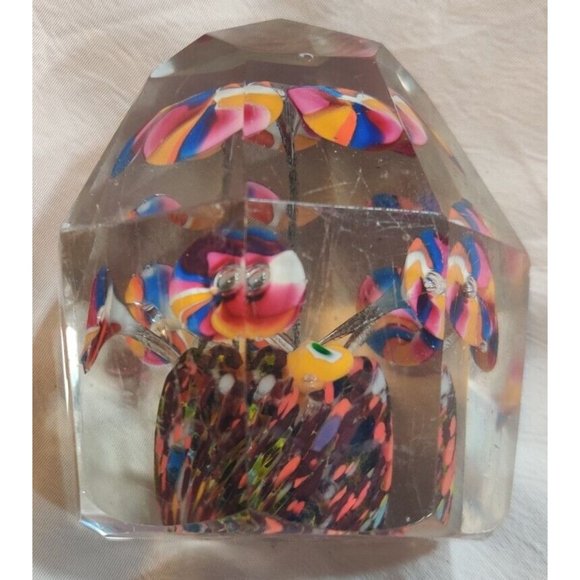 Antique Bohemian Facet Cut Art Glass With Decorative Flowers Paperweight READ - Picture 3 of 10